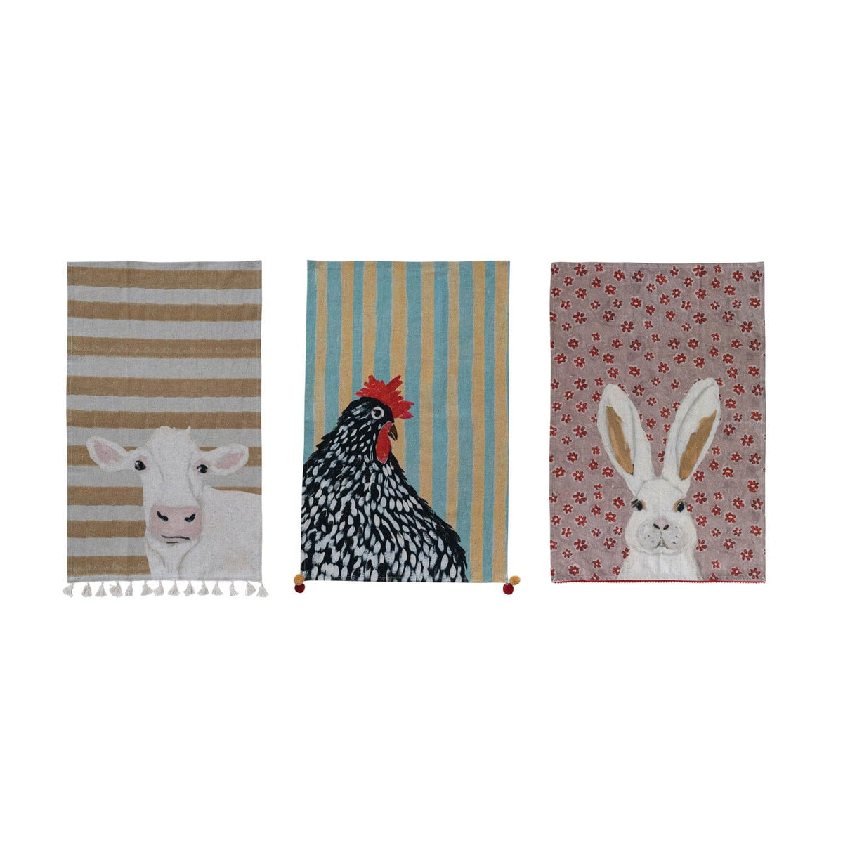 Cotton & Linen Printed Tea Towel with Pom Poms/Tassels, 3 Styles Creative Co-Op TEA TOWEL