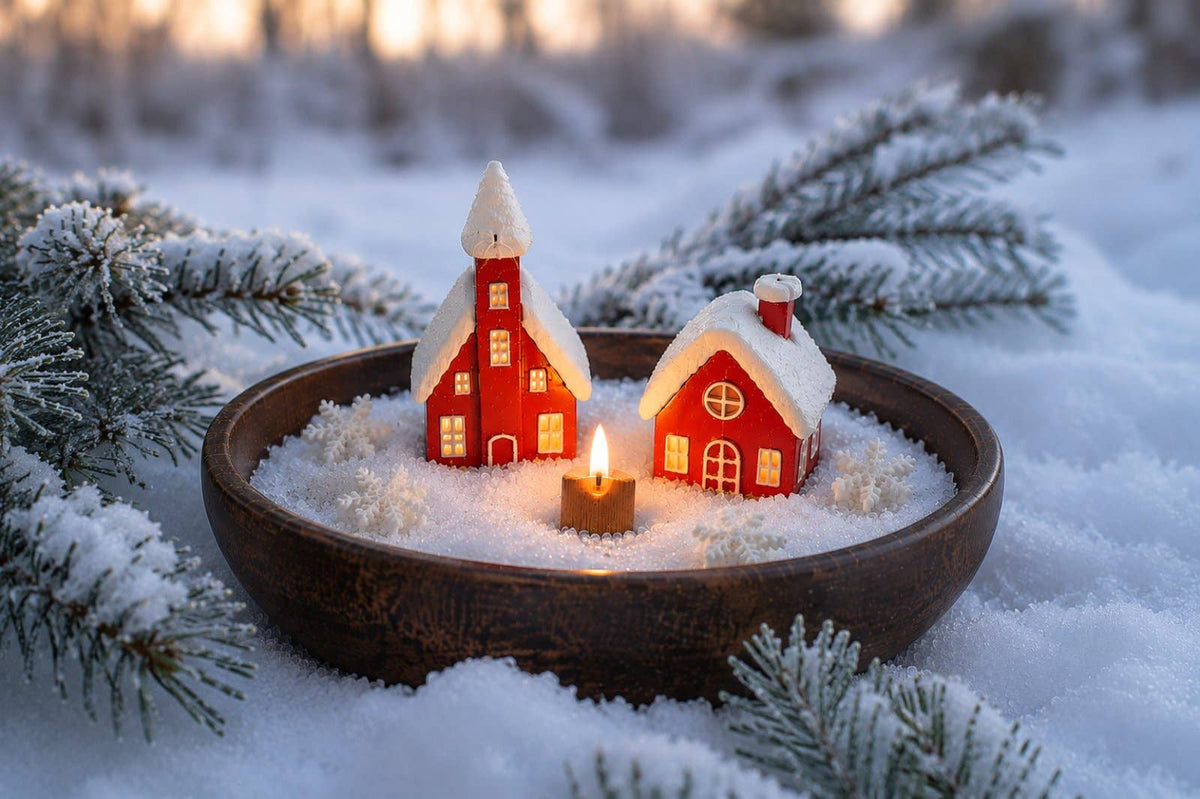 Cozy Christmas Village Candle in a Wooden Bowl: Large Held in Light