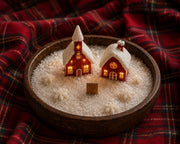 Cozy Christmas Village Candle in a Wooden Bowl: Large Held in Light