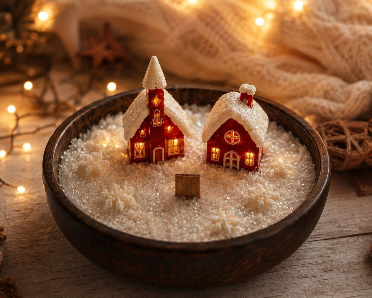 Cozy Christmas Village Candle in a Wooden Bowl: Small Held in Light