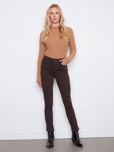 Cuffed Hem Slim 5 Pocket Colored Twill Pants, Latté Charlie B Casual Pant