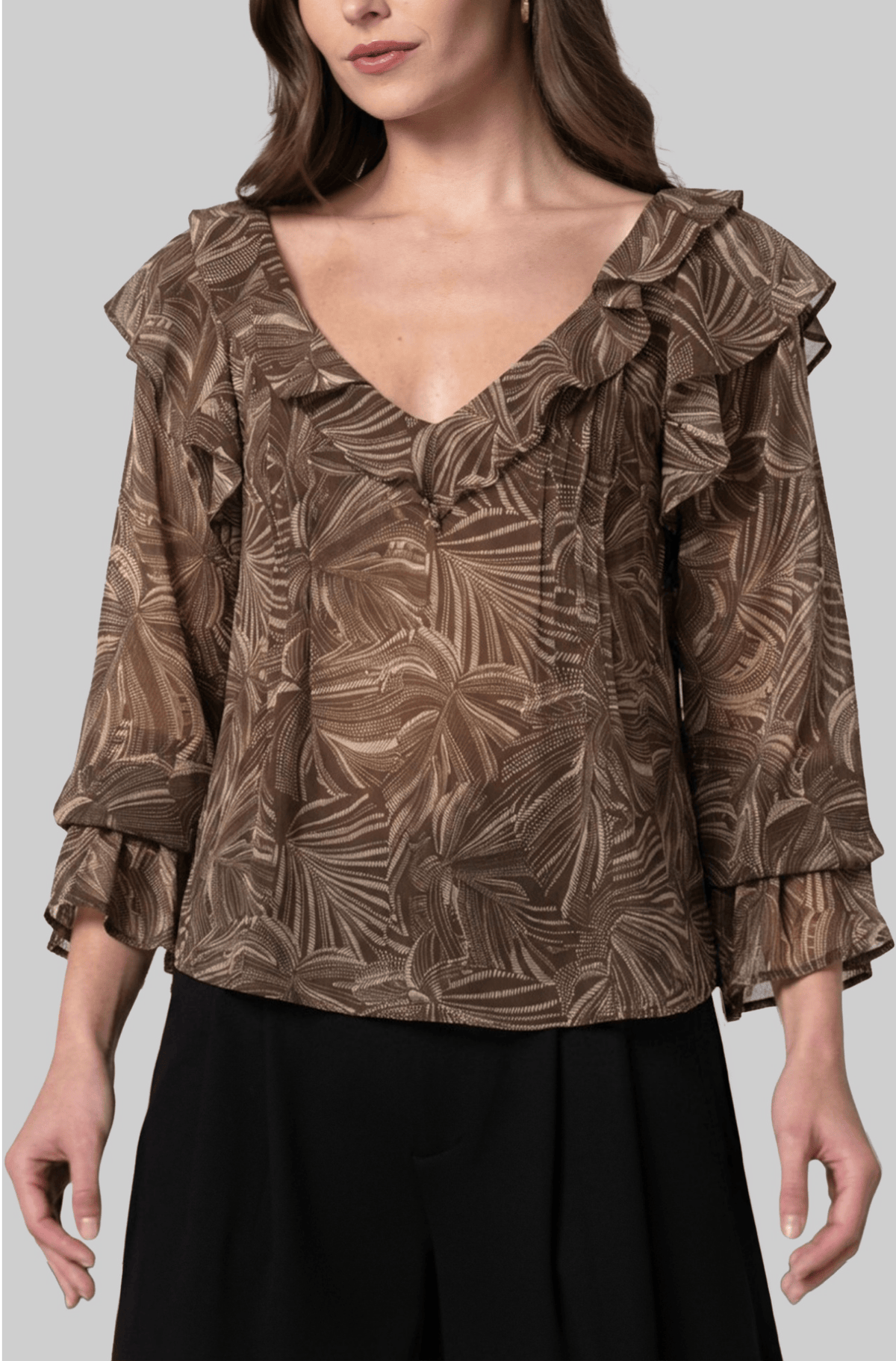 Double Ruffle Double Shot Espresso Long Sleeve Top by Liverpool Liverpool Top