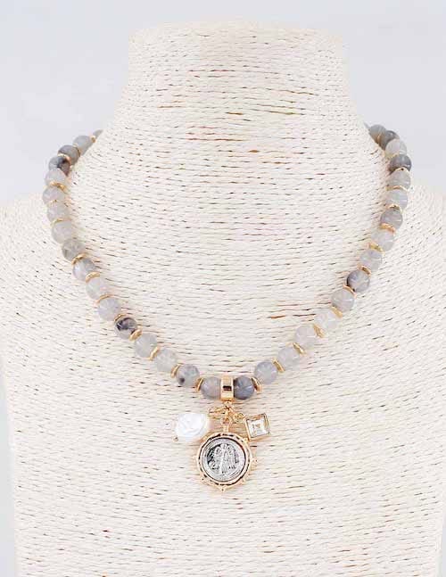 Enzo Gray Stone Beaded Necklace with Charm Pendants Meghan Browne Accessories