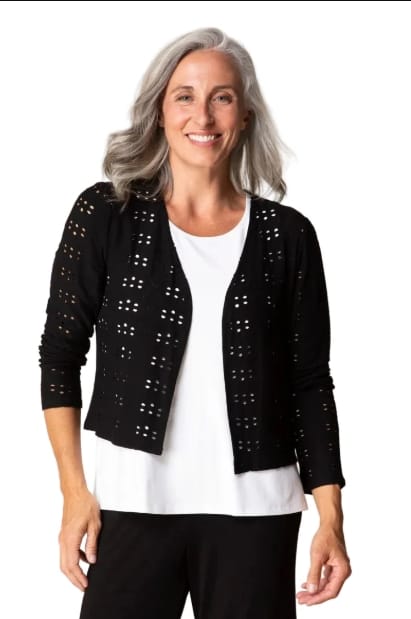 Eyelet Blooms Open Front Jacket in Black Habitat Cardigan