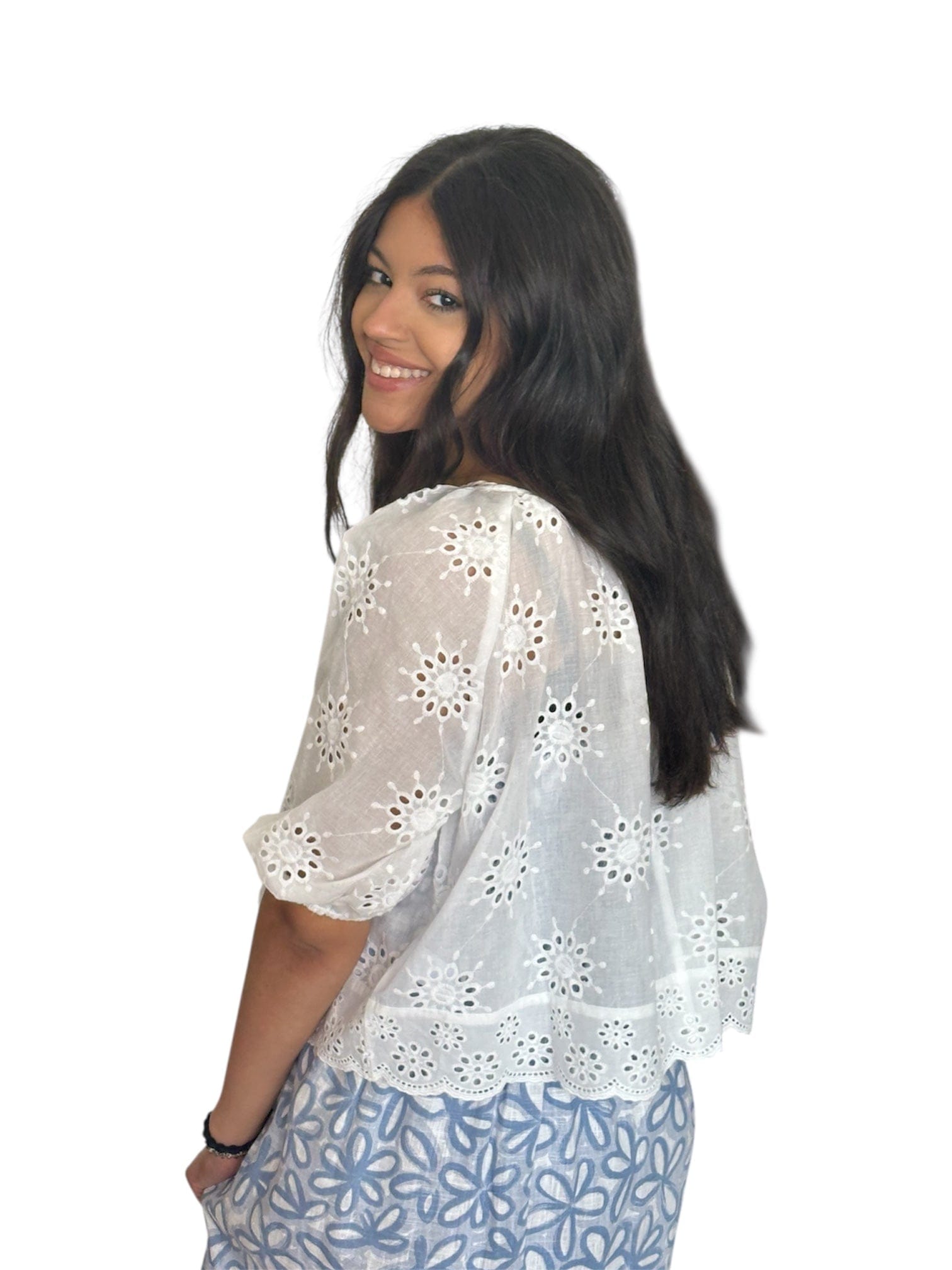 Eyelet Round Neck Short Sleeve Top : White By Together Blouse