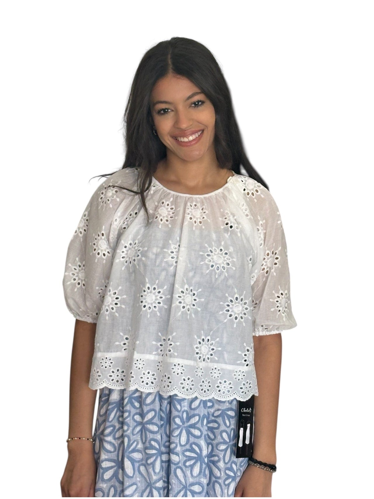 Eyelet Round Neck Short Sleeve Top : White By Together Blouse