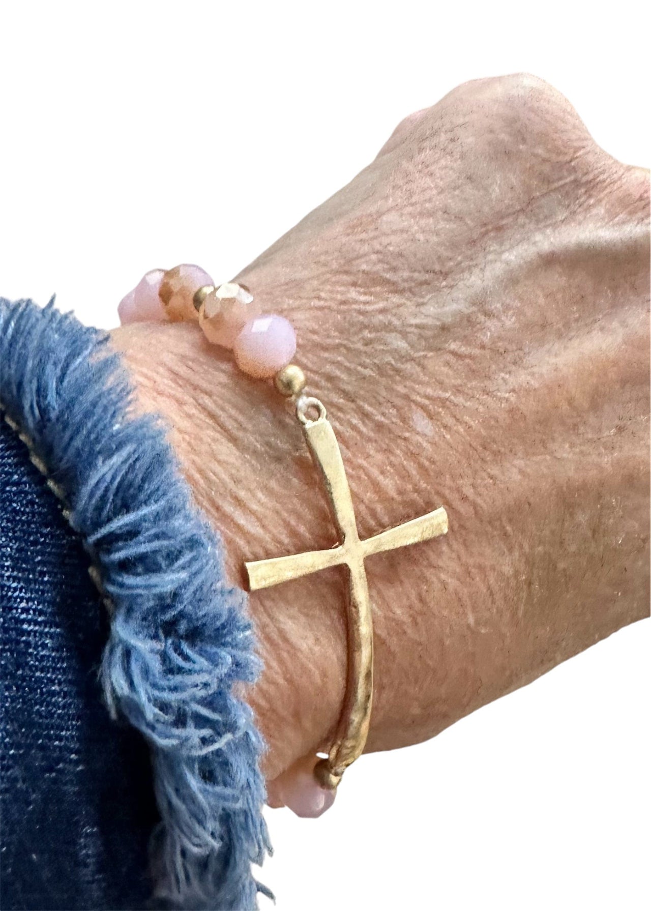 Faceted Bead and Cross Bracelet K & K Interiors bracelet Pink Quartz