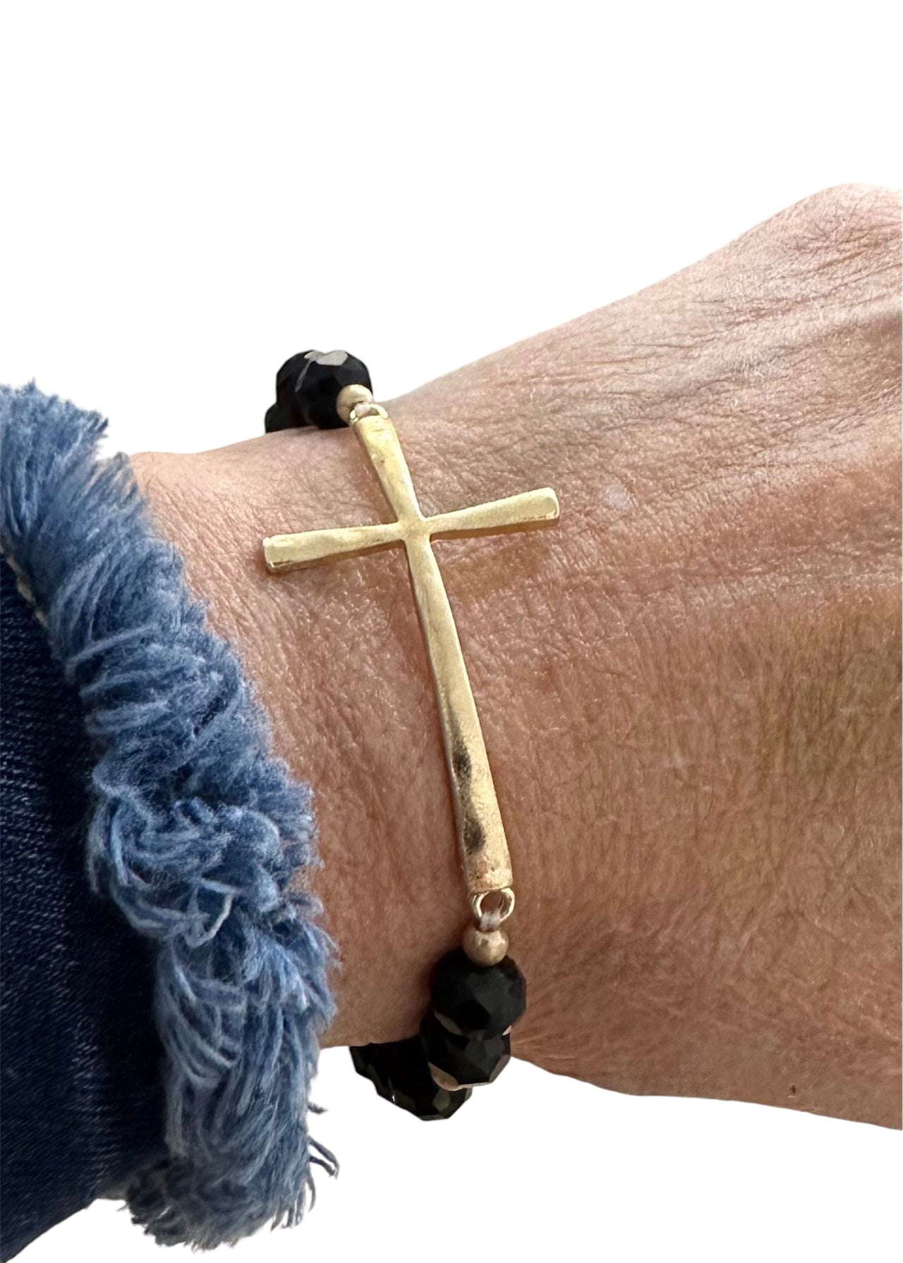 Faceted Bead and Cross Bracelet K & K Interiors bracelet Black