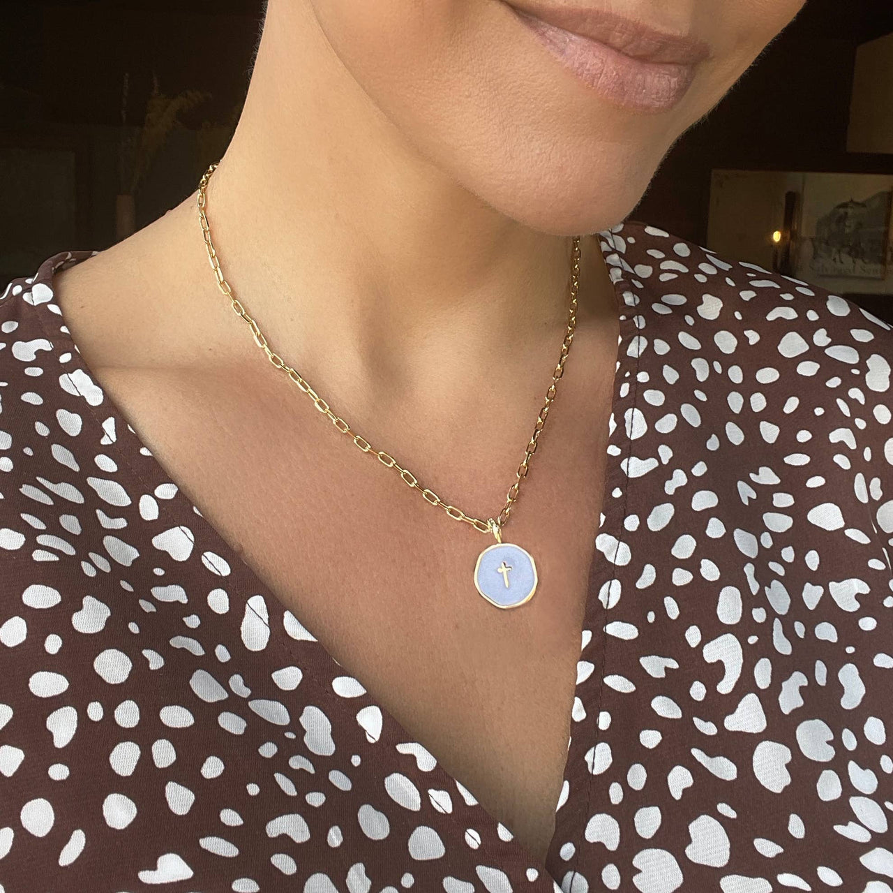 Faith Over Fear White Enamel Cross Pendant on Gold Chain Lenny & Eva