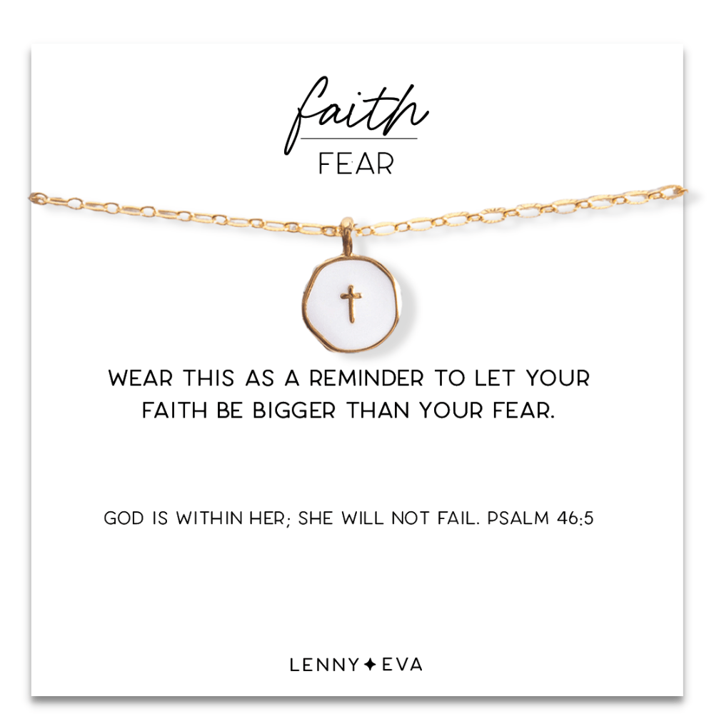 Faith Over Fear White Enamel Cross Pendant on Gold Chain Lenny & Eva