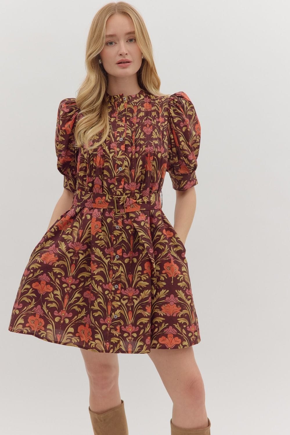 Fall Flirtation Dress in Burgandy Print Entro Dresses