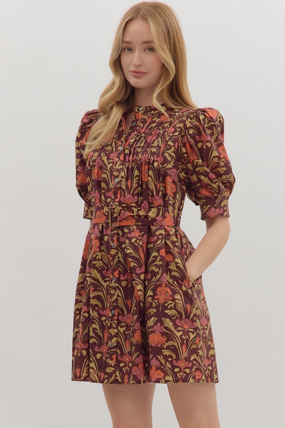 Fall Flirtation Dress in Burgandy Print Entro Dresses