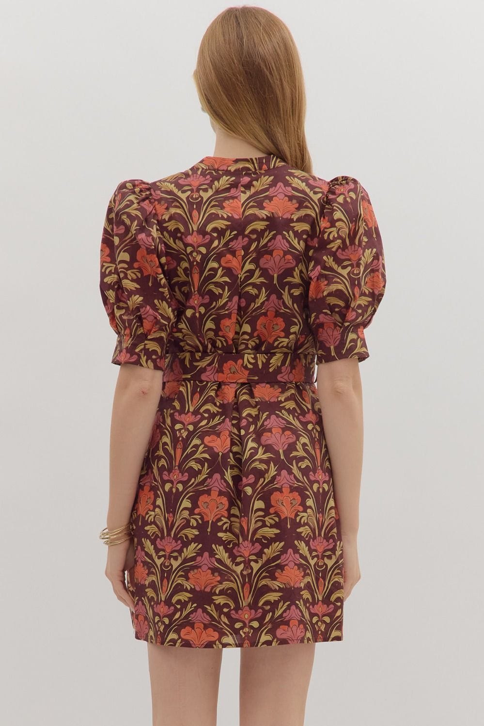Fall Flirtation Dress in Burgandy Print Entro Dresses