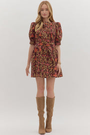 Fall Flirtation Dress in Burgandy Print Entro Dresses