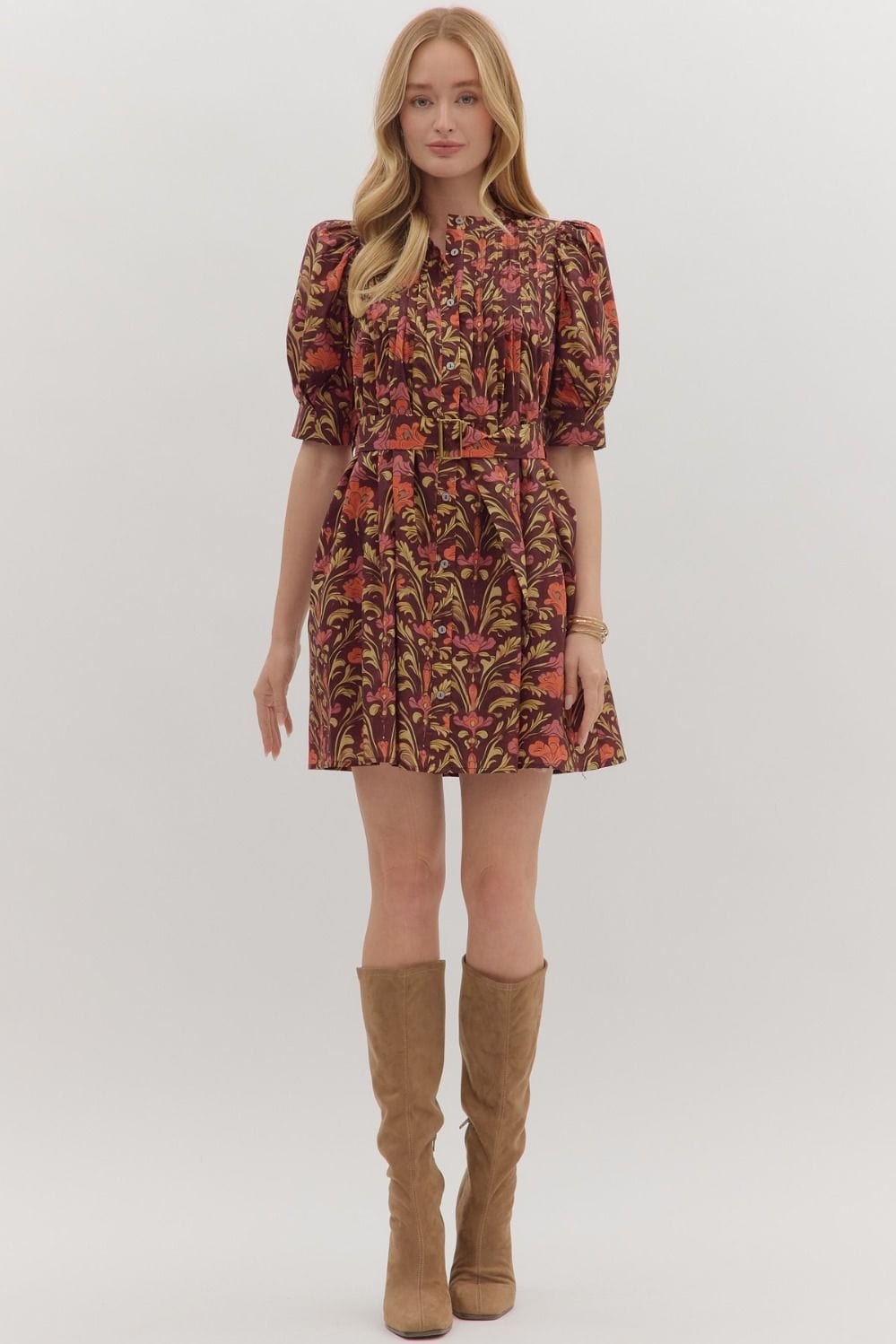 Fall Flirtation Dress in Burgandy Print Entro Dresses