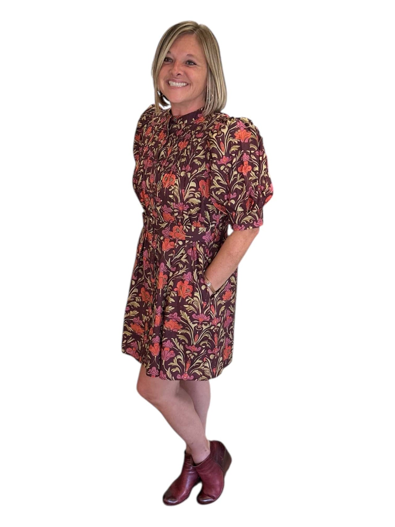 Fall Flirtation Dress in Burgandy Print Entro Dresses