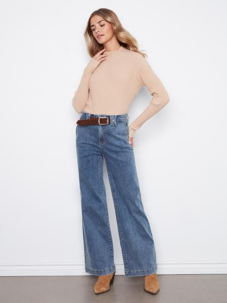 Flare Wide Leg Pants With Attached Removable Belt, Bleu Moyen Medium Blue Charlie B Casual Pant
