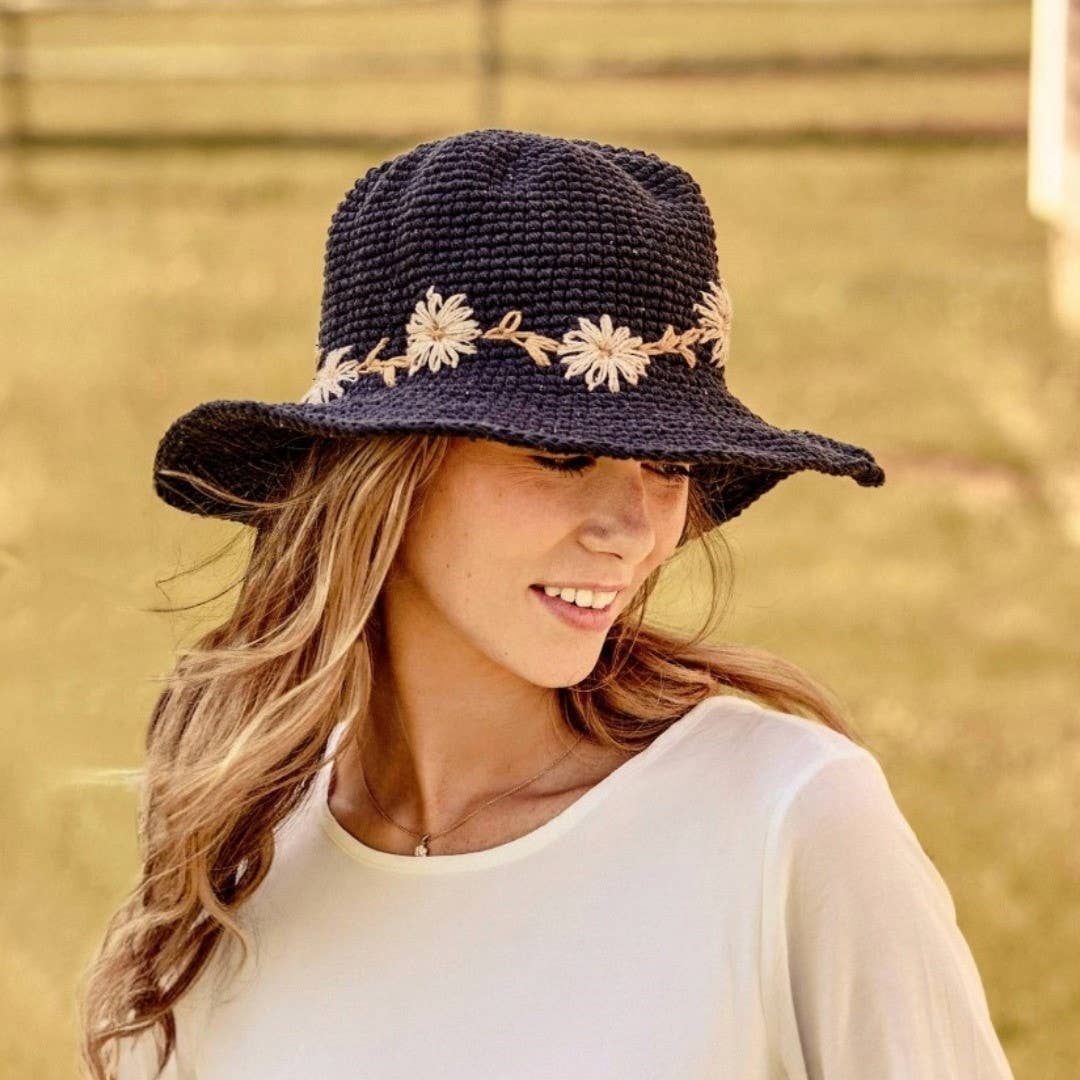 Fleur Noir Sun Hat UPF 35: Defined-Curve (Fixed Shape) By Many Hands