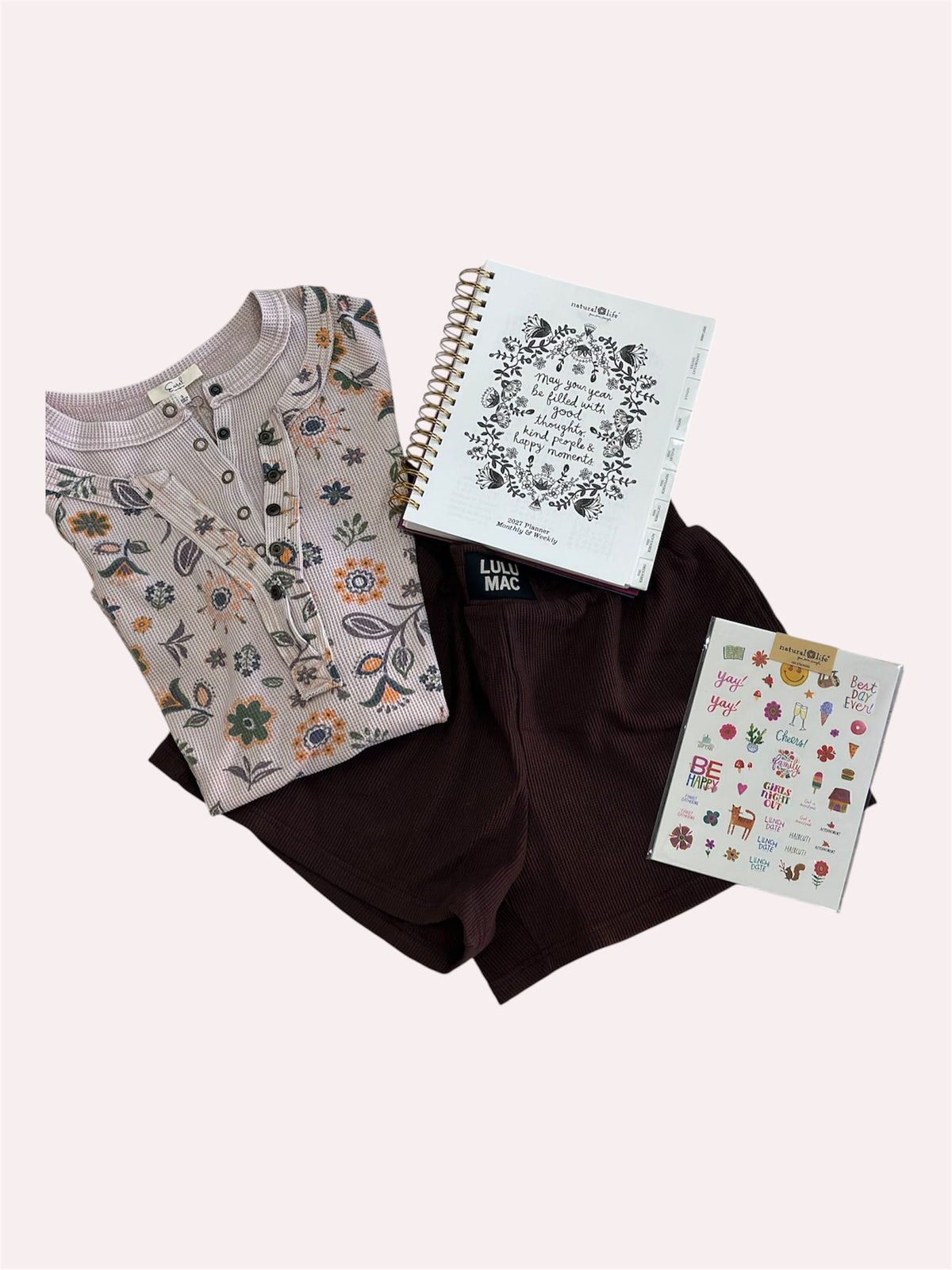 Floral Mineral Wash Double Layer Henley Top, Blush Easel Top