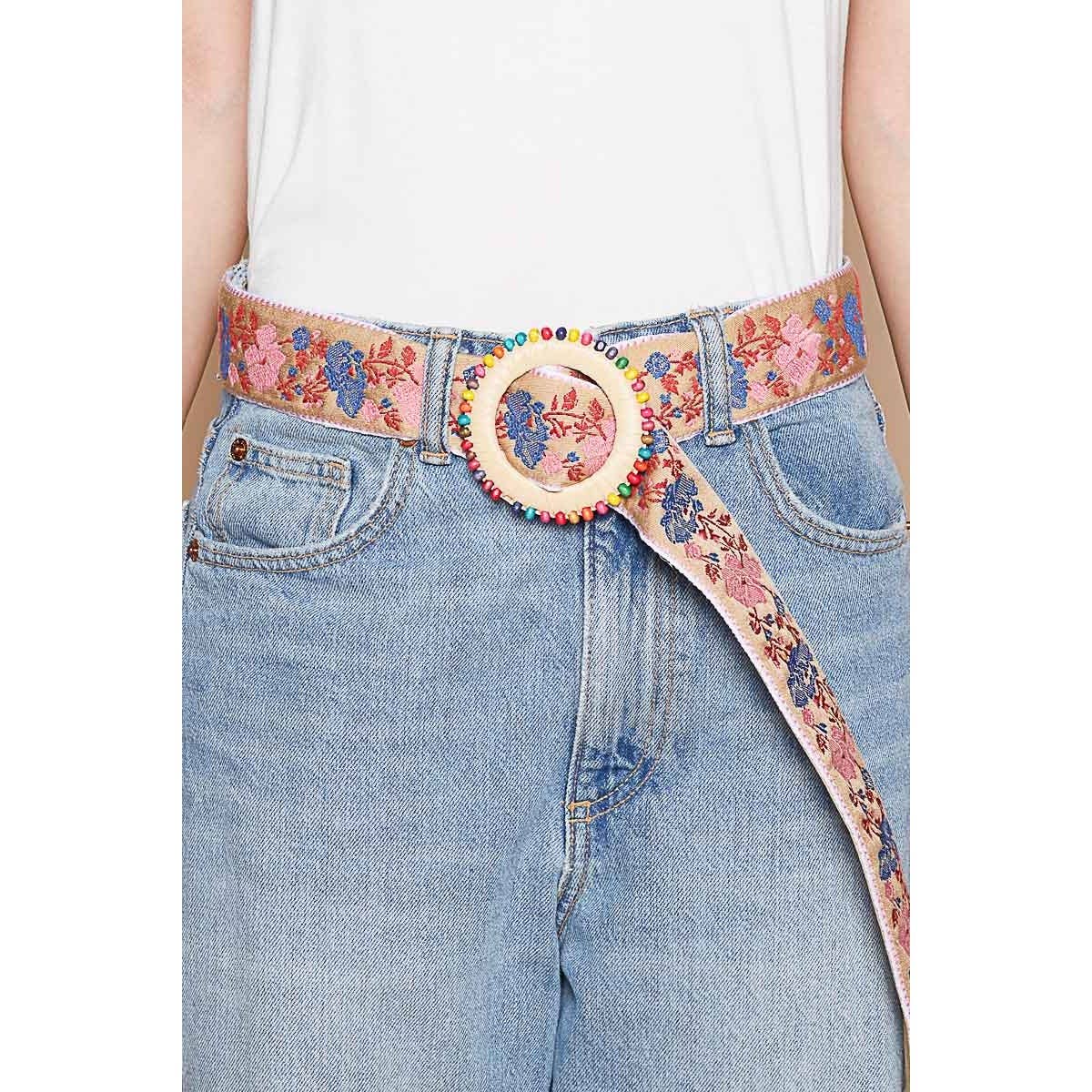 Floral pattern round buckle multicolored beads: BEIGE/BLUE / OS Pol Clothing