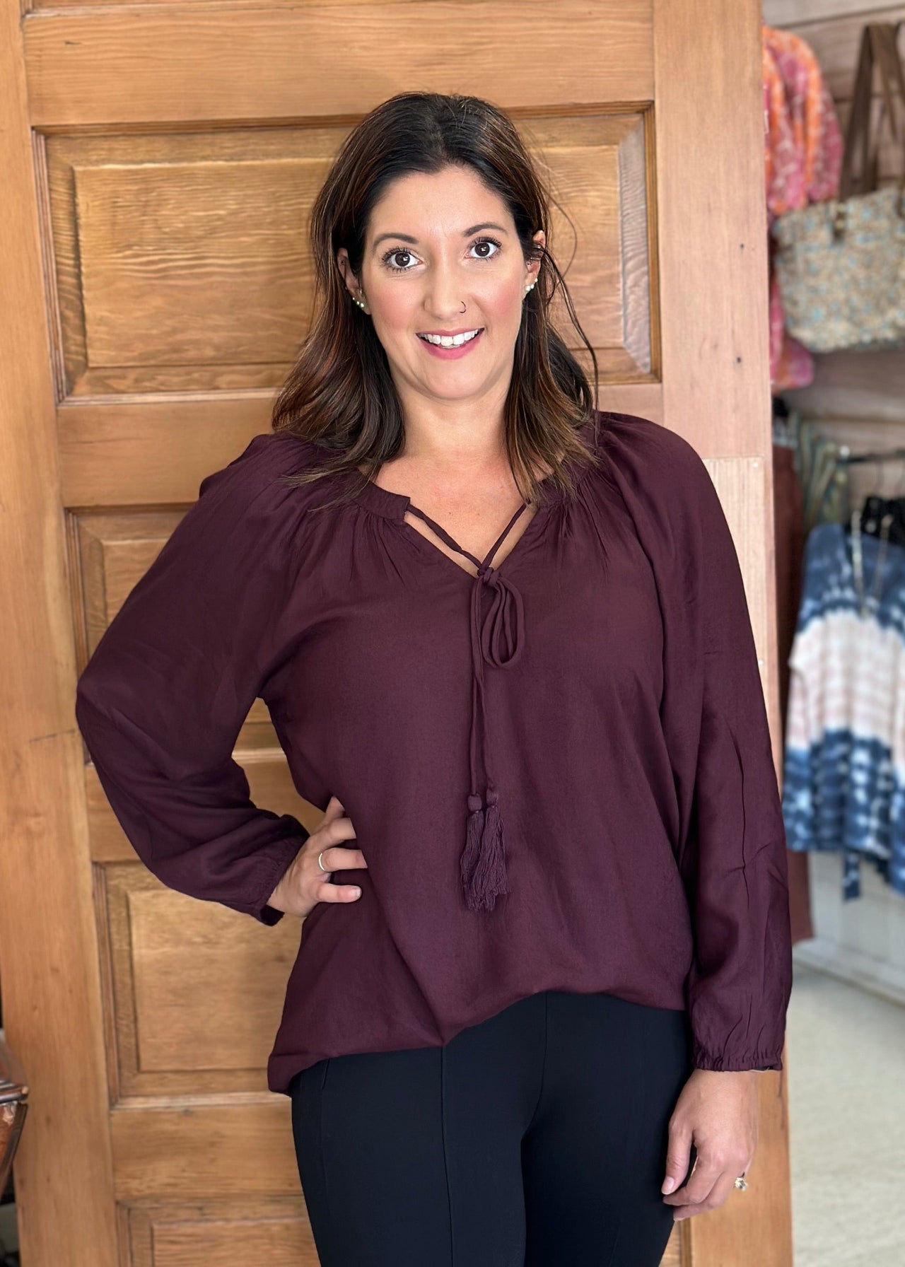 Gathered Top in Burgundy K & K Interiors Blouse S/M