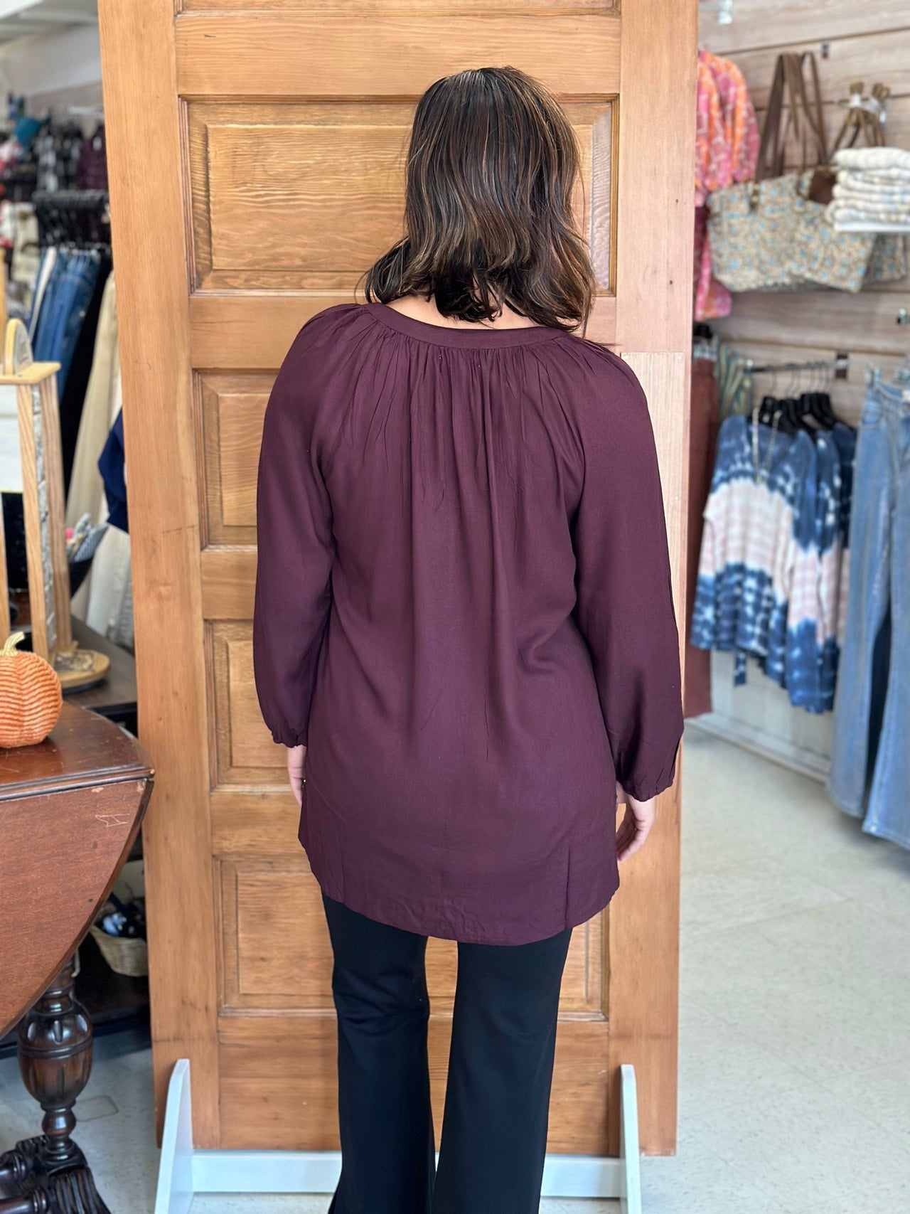 Gathered Top in Burgundy K & K Interiors Blouse