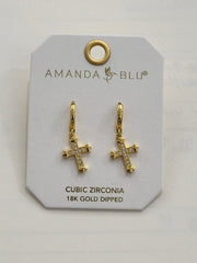 Gold CZ Hoop Earrings with Vintage Cross Design Amanda Blu Earrings