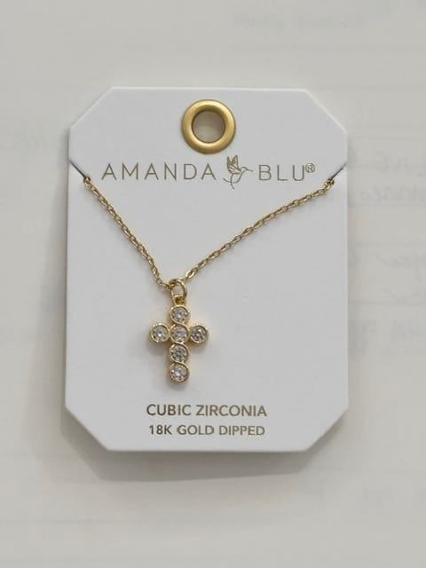 Gold CZ Small Round Set Cross Necklace Amanda Blu Necklace
