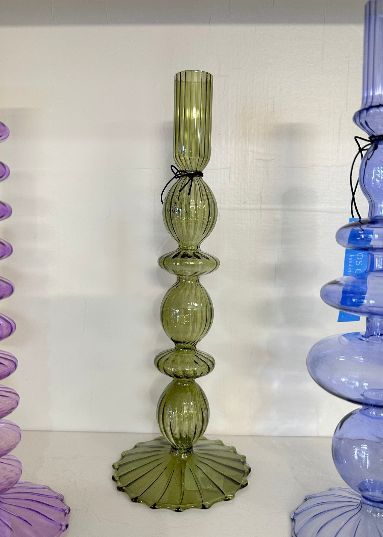 Hand blown Glass Candleholder Two’s Company Taper Green