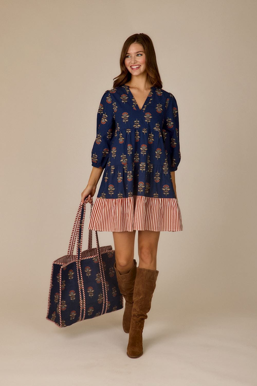 Harvest Block Print Tote, Navy Mud Pie Tote