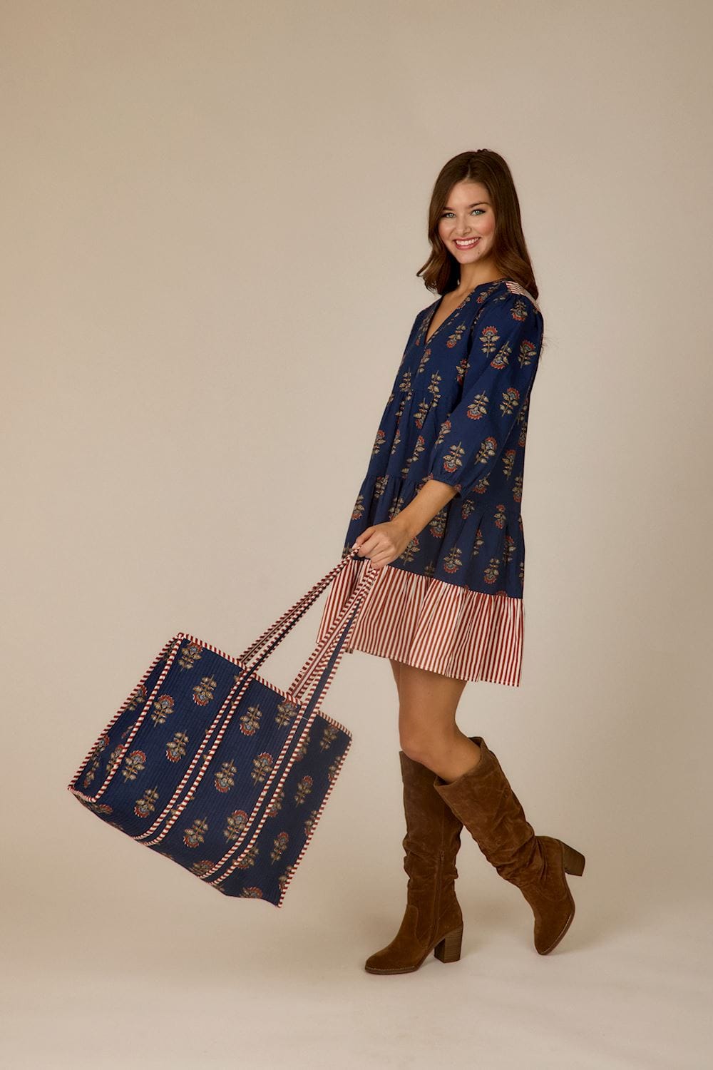 Harvest Block Print Tote, Navy Mud Pie Tote