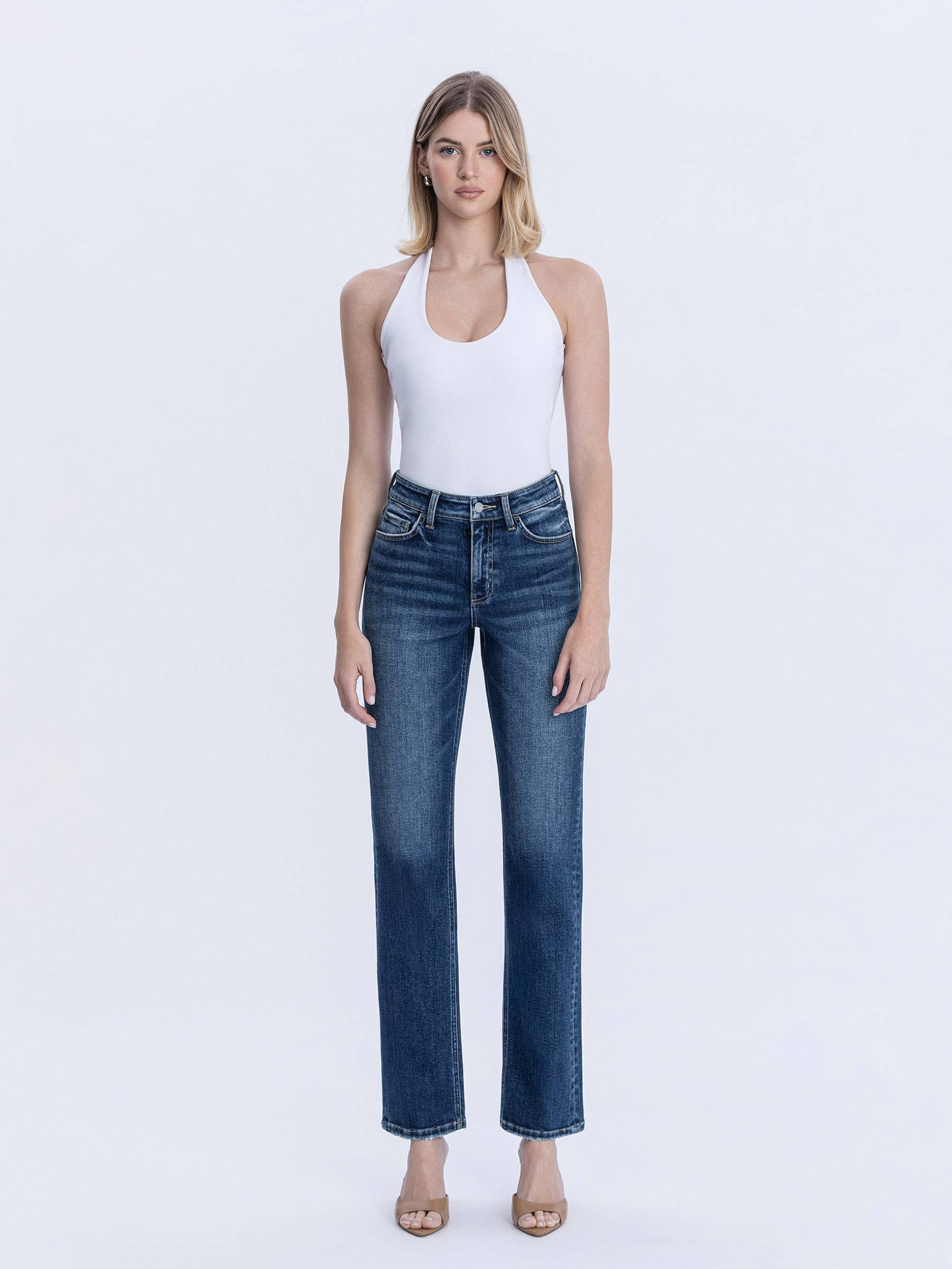 HIGH RISE FULL LENGTH DARK WASH STRAIGHT JEANS T7012: CELESTIAL GLOW / 24 VERVET by FLYING MONKEY