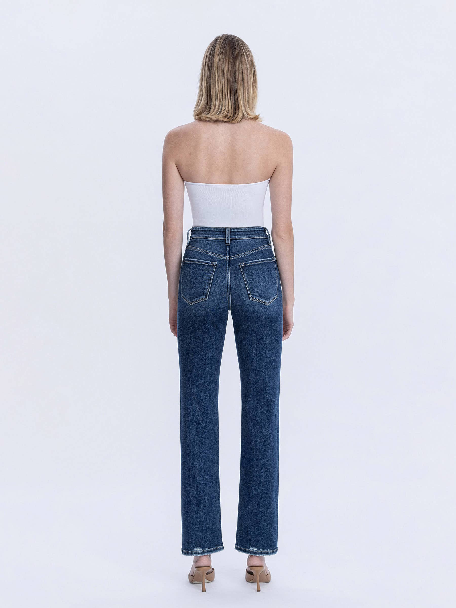 HIGH RISE FULL LENGTH DARK WASH STRAIGHT JEANS T7012: CELESTIAL GLOW / 24 VERVET by FLYING MONKEY