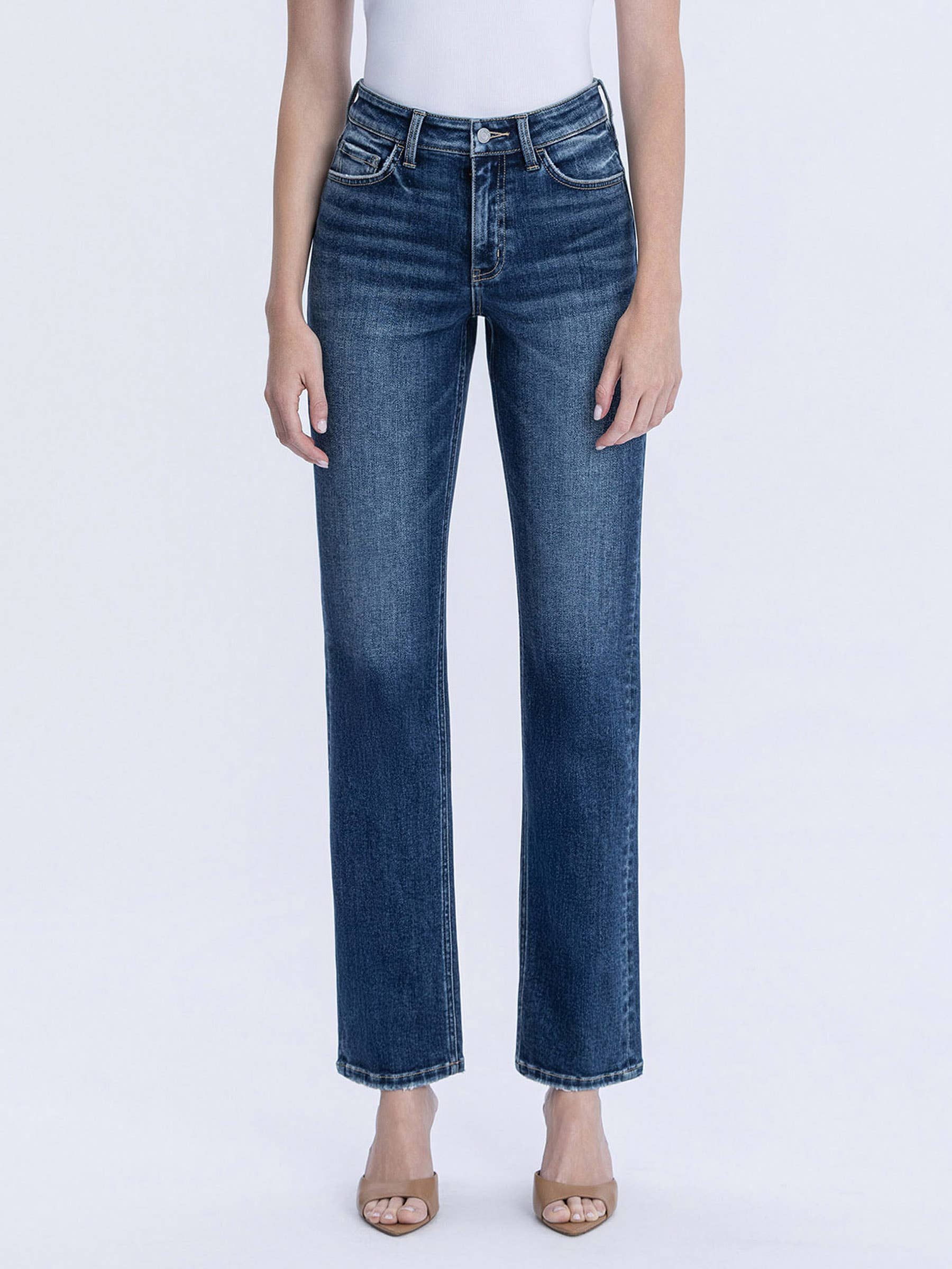 HIGH RISE FULL LENGTH DARK WASH STRAIGHT JEANS T7012: CELESTIAL GLOW / 24 VERVET by FLYING MONKEY