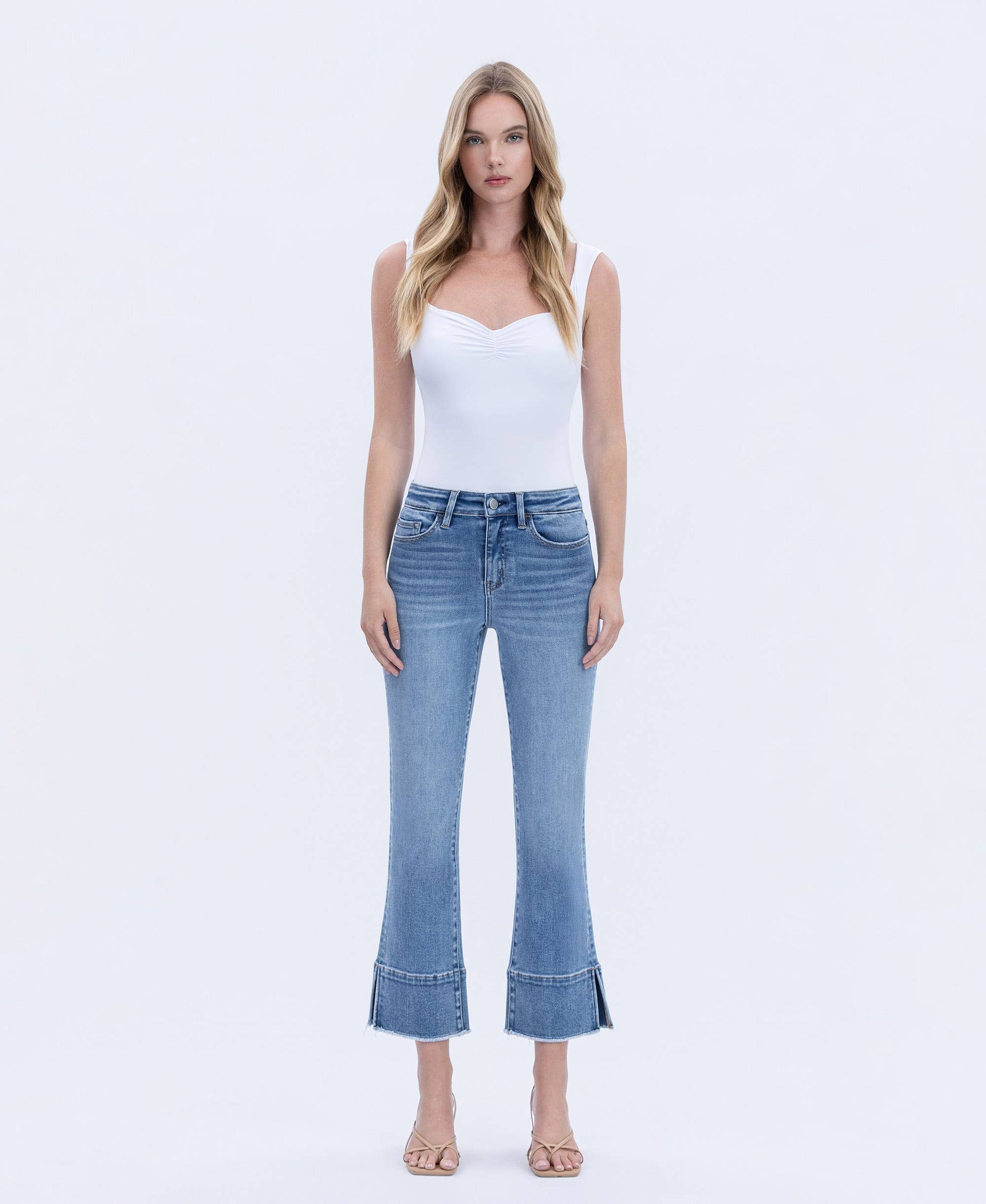 HIGH RISE TROUSER SLIT HEM KICK FLARE JEANS F6077: URBANE / 24 FLYING MONKEY