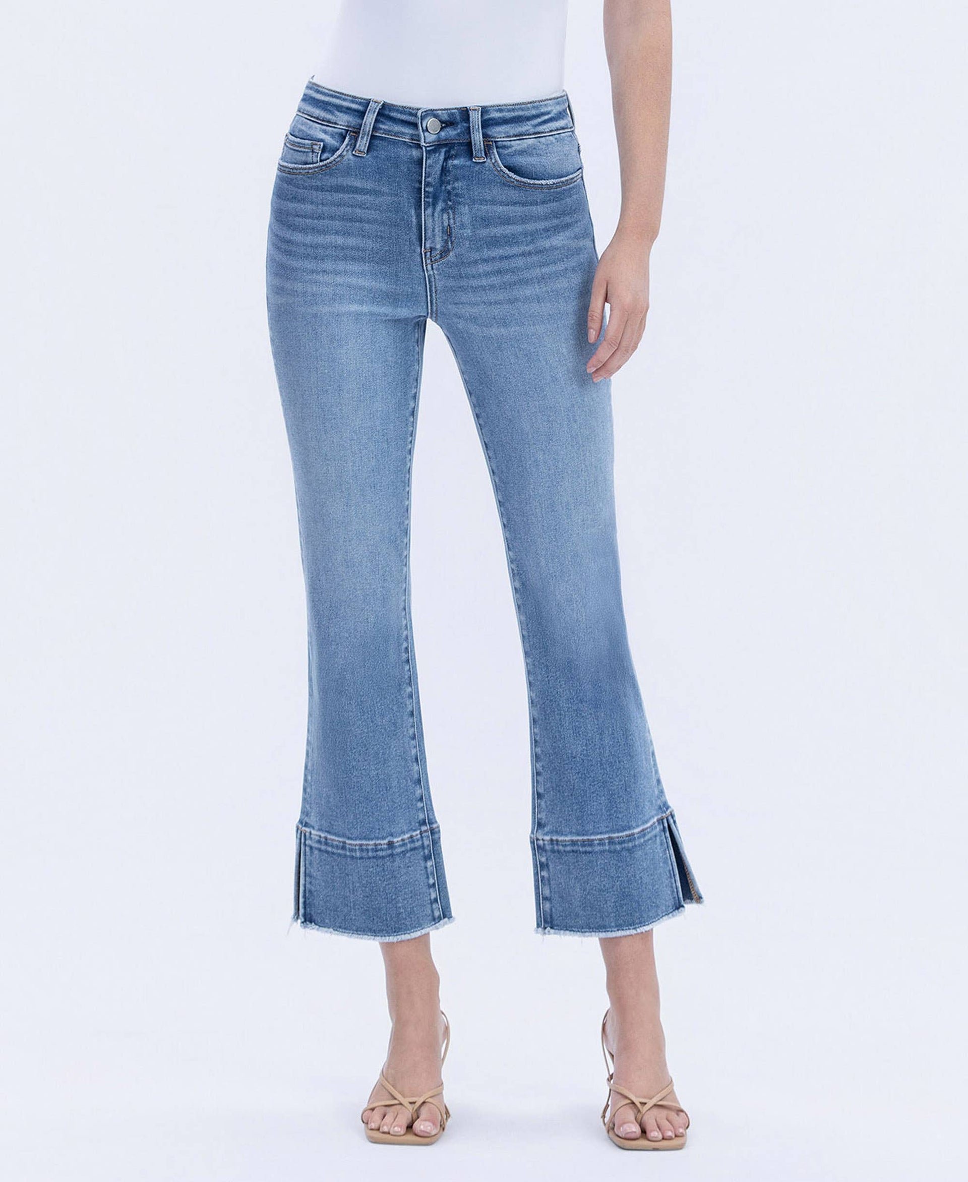 HIGH RISE TROUSER SLIT HEM KICK FLARE JEANS F6077: URBANE / 24 FLYING MONKEY