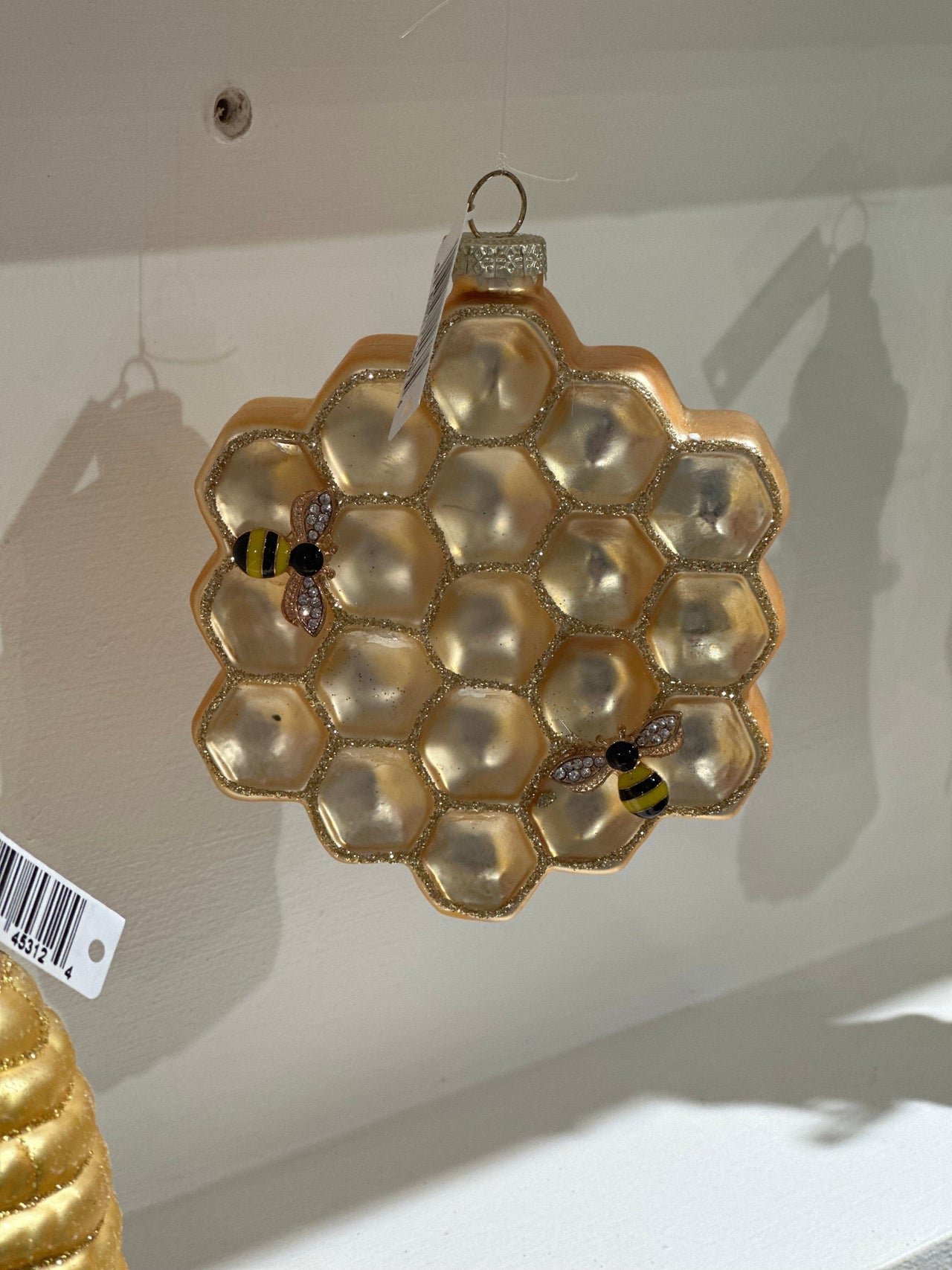 Honey Comb Glass Ornament w Bee Applique Option 2 Christmas Ornament