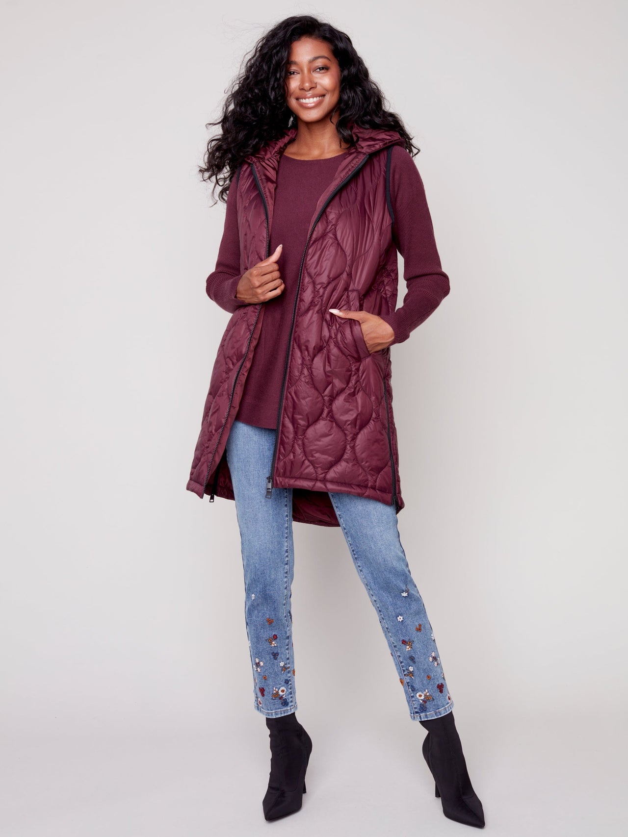 Hooded Quilted Puffer Vest by Charlie B Charlie B Cardigan