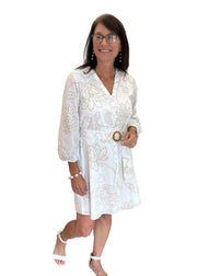 Ivory/Tan Long Sleeve Button Up Dress Maggy London Intl LTD Dress