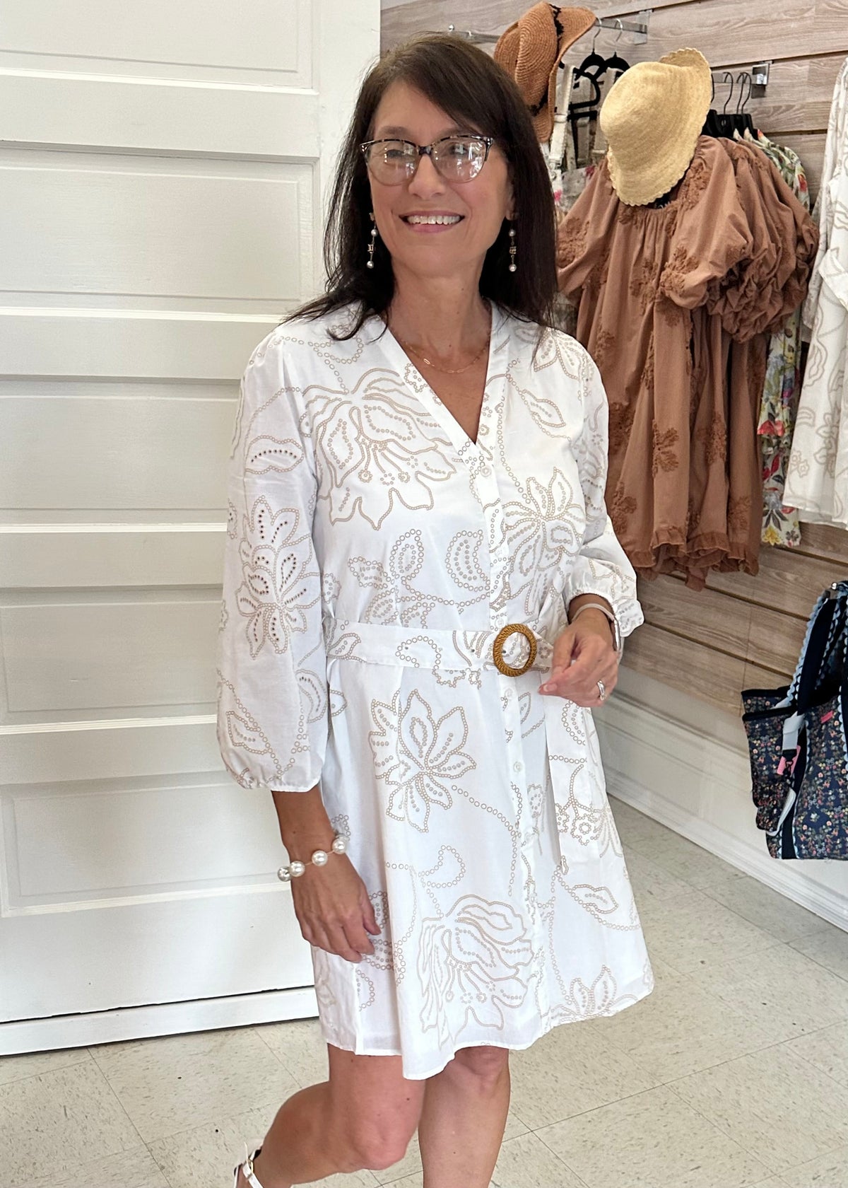 Ivory/Tan Long Sleeve Button Up Dress Maggy London Intl LTD Dress