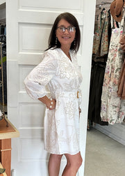 Ivory/Tan Long Sleeve Button Up Dress Maggy London Intl LTD Dress