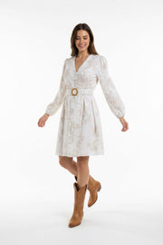 Ivory/Tan Long Sleeve Button Up Dress Maggy London Intl LTD Dress 6