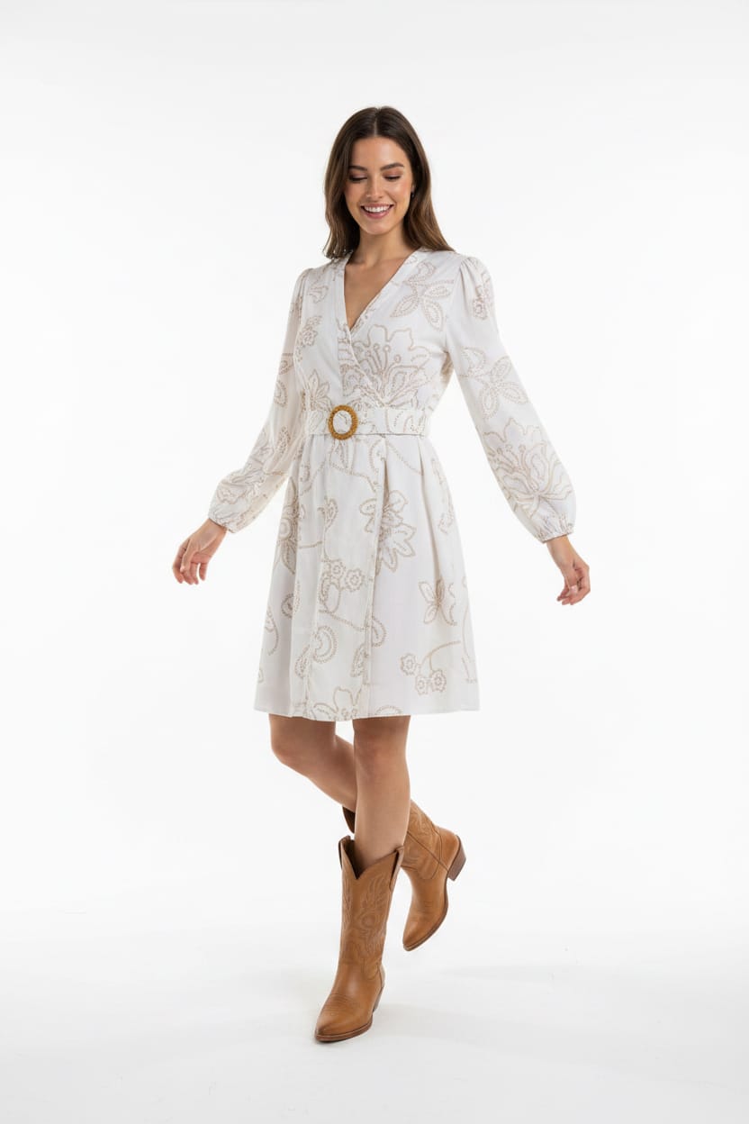 Ivory/Tan Long Sleeve Button Up Dress Maggy London Intl LTD Dress 6