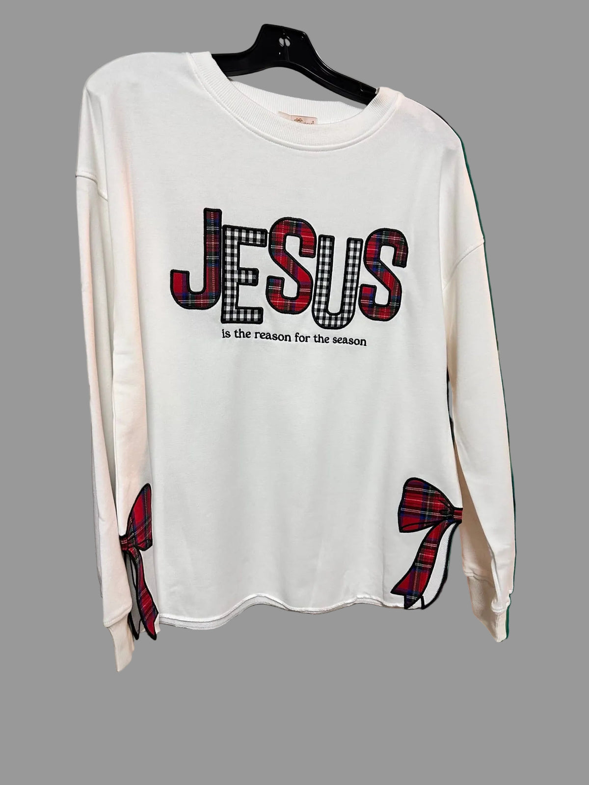 Jesus Sweatshirt with Applique and Bow side Simply Southern Holdings, LLC BOW-JESUS / L