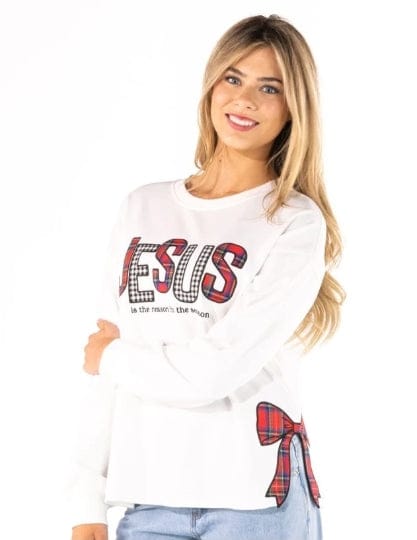 Jesus Sweatshirt with Applique and Bow side Simply Southern Holdings, LLC Sweatshirt BOW-JESUS / XS
