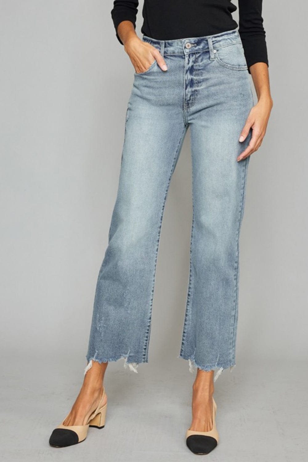 Kancan High Waist Raw Hem Cropped Wide Leg Jeans Trendsi Jeans Light / 0
