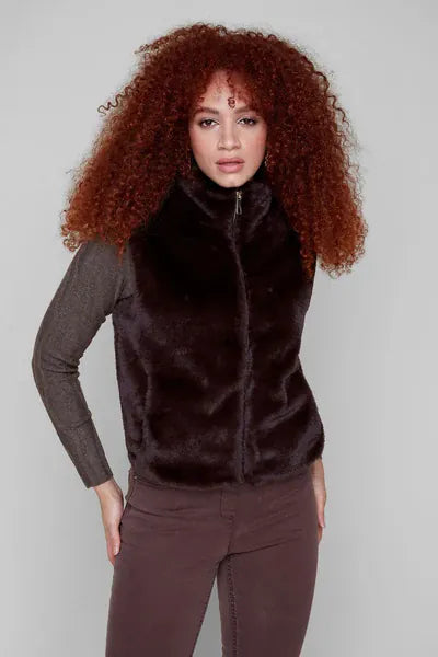 Knit Vest, Chocolate Brown Faux Fur Zip-Up Modes Corwik Collections LLC Vest