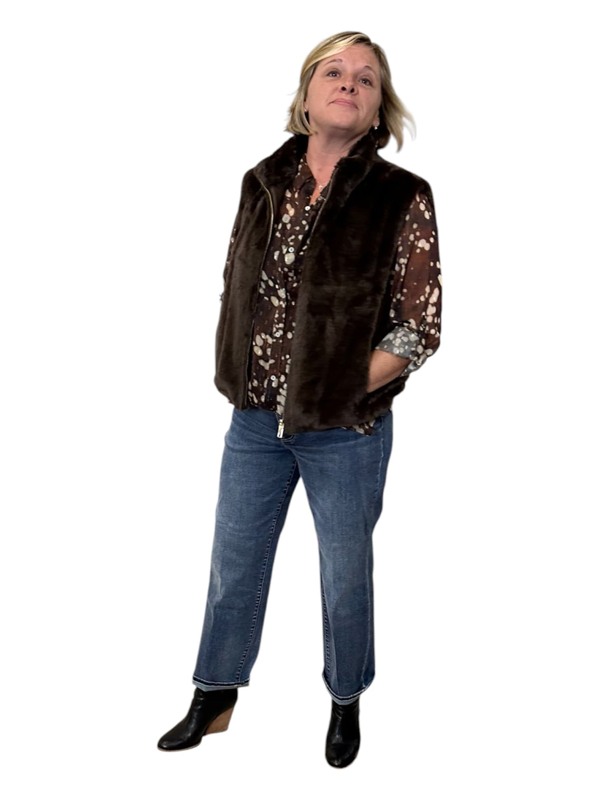 Knit Vest, Chocolate Brown Faux Fur Zip-Up Modes Corwik Collections LLC Vest