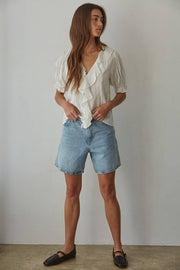L8439 | Woven Cotton Buttondown V-Neck Short Sleeve Top: Off White / S By Together