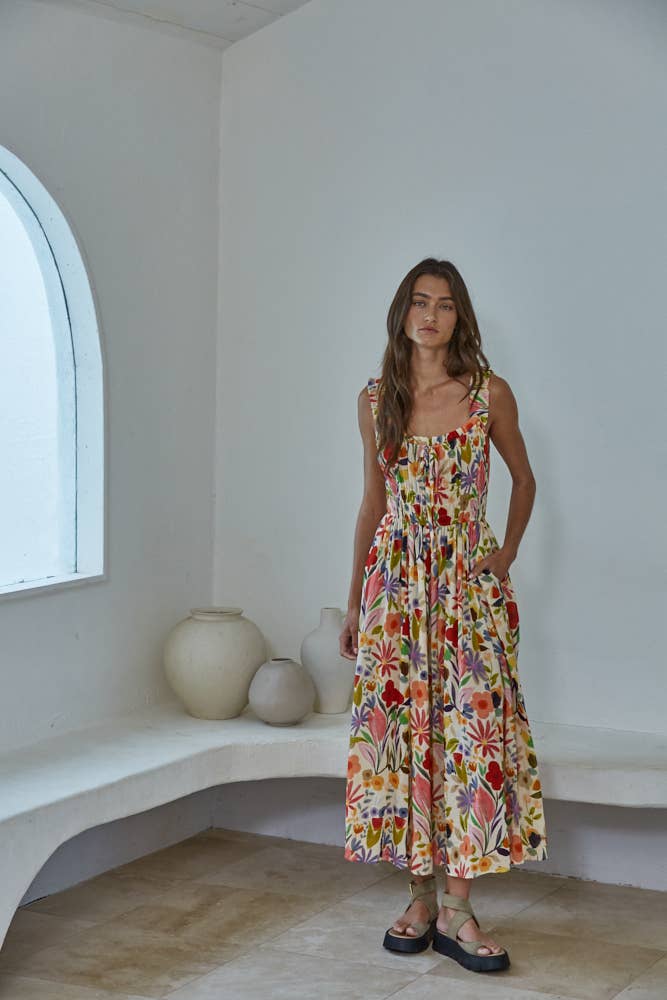 L9342 | Woven Cotton Rayon Floral Print Sleeveless Dress : Desert Tan Multi / S By Together